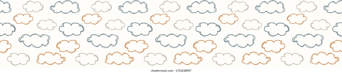 

Seamless background cloud banner. Gender neutral baby border pattern. Simple whimsical minimal earthy 2 tone color. Kids nursery edging or boho nature star fashion ribbon trim.