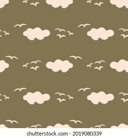 Seamless background cloud sky with bird gender neutral pattern. Whimsical minimal earthy 2 tone color. kids nursery wallpaper or boho cartoon fashion all over print.