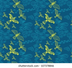 Seamless background with clouds and birds, beautiful vector illustration