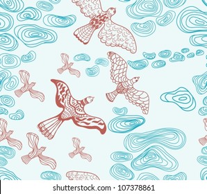 Seamless background with clouds and birds, beautiful vector illustration