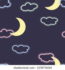 Seamless background with clouds and crescent in the night sky