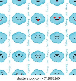 Seamless background with Clouds emotions. Cute cartoon. Vector illustration. Textile rapport.
