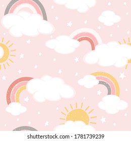 Seamless background with clouds and rainbows on pink sky. Magical repeat pattern. Illustration can be used for wallpaper, children's clothing design, pattern fill, web page background, wrapping paper