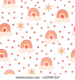 Seamless background with clouds, rainbows on white background. Magical repeat pattern. Illustration for wallpaper, design children clothing, fill web page, wrapping paper. Vector illustration