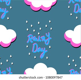 Seamless background with clouds and raindrops on blue sky. Vector illustration. Cartoon rain weather wallpaper. Rainy day