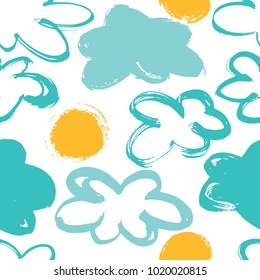 Seamless background with clouds and sun. Pattern painted with a dry brush.
