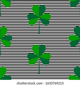 Seamless background  with clover leaf and stripes. Pattern for Saint Patrick Day. Vector graphic illustration.