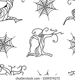 Seamless background, cobweb and tree, hand-drawn, sketch, cartoon. Suitable for invitations and greetings, digital paper clippings, page fill.