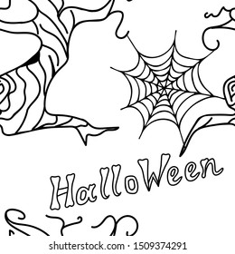Seamless background, cobweb, tree and hand-drawn text, sketch, cartoon. Suitable for invitations and greetings, digital paper clippings, page fill.