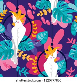 Seamless background with cockatoo parrot and tropical plants, cartoon flat style and bright palette, vector illustration