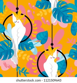 Seamless background with cockatoo parrot and tropical plants, cartoon flat style and bright palette, vector illustration