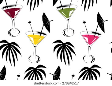 Seamless background with cocktails and palm leafs