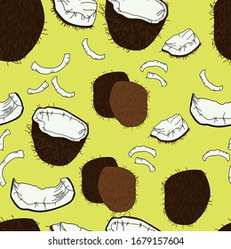 Seamless background of coconut slices and coconut chips.