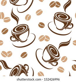 Seamless background with coffee beans and cups. Vector illustration.