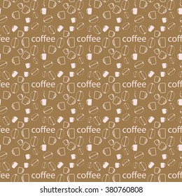 Seamless background with coffee beans and cups. Vector illustration.