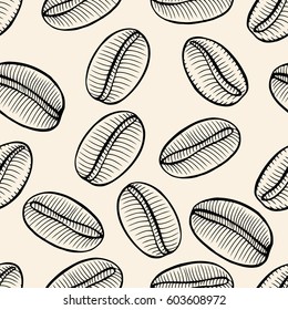 Seamless background of coffee beans. Hand drawn illustration in sketch style.