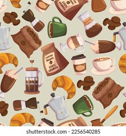 Arrière-Plan harmonieux avec Coffee Beans, Package ou Sack, Cézve, Machine à Café ou Croissant, Carton Disposable Cup, Mug Céramique, Americano, Latte ou Cappuccino Boissons. Illustration Vectorielle de dessin animé
