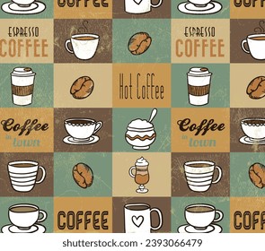 Seamless background with coffee cups and bean. Vintage restaurant menu. Food and drink seamless doodles pattern. Vector illustration.