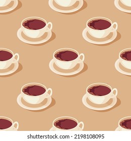 Seamless background with coffee cups with foam. Set of hot chocolate in ceramic mug. Beautiful and creative print for kitchen wallpaper.  