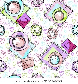 Seamless background with coffee cups. Top view of a table in a cafe. Love and relationships. valentine's day. Wedding chores. Marshmallows and hearts. Graphic hand drawing.