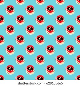 Seamless background with coffee mug, sugar and cinnamon.