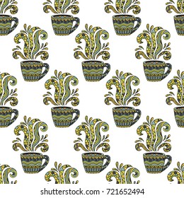 Seamless background with coffee mug or tea Cup with abstract style pattern zentangle, pattern. Manually hand drawn color illustrations. Vector illustration