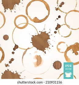 Seamless background of coffee stain and drop. Vector illustration with ink smears isolated on white background.
