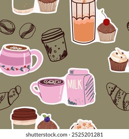 Seamless background with coffee symbols, accessories. Will be useful for restaurant, packaging, menu and interior design, wrapper, menu. Hand drawn vector illustration.