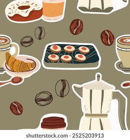 Seamless background with coffee symbols, accessories. Will be useful for restaurant, packaging, menu and interior design, wrapper, menu. Hand drawn vector illustration.