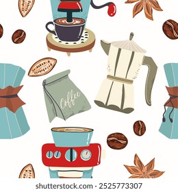 Seamless background with coffee symbols, accessories. Will be useful for restaurant, packaging, menu and interior design, wrapper, menu. Hand drawn vector illustration.