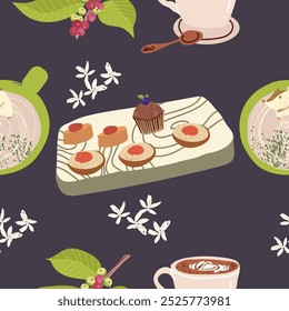 Fundo sem costura com símbolos de café, acessórios. Será útil para restaurante, embalagem, menu e design de interiores, invólucro, menu. Ilustração de vetor desenhada à mão.
