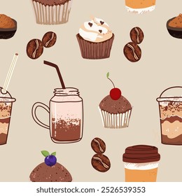 Seamless background with coffee symbols, accessories. Will be useful for restaurant, packaging, menu and interior design, wrapper, menu. Hand drawn vector illustration.