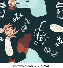 Seamless background with coffee symbols, accessories. Will be useful for restaurant, packaging, menu and interior design, wrapper, menu. Hand drawn vector illustration.