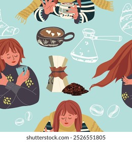Seamless background with coffee symbols, accessories. Will be useful for restaurant, packaging, menu and interior design, wrapper, menu. Hand drawn vector illustration.