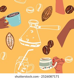 Seamless background with coffee symbols, accessories.Girls friends, couple drinking hot beverage, hand drawn. Breakfast gathering, meeting. Hand drawn vector illustration.