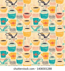Seamless background with coffee and tea cups and flourishes, happy palette, sketch style vector illustration