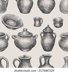 Seamless background of collection clayware sketches