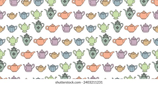 Seamless background of collection different colorful drawn teapots