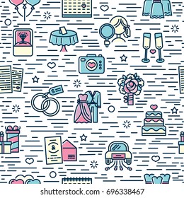 Seamless background with color wedding icon.  Wallpaper with wedding elements. Symbols of the groom, the bride, the gift, the party, the ring. Backdrop for invitation and banner. Vector.
