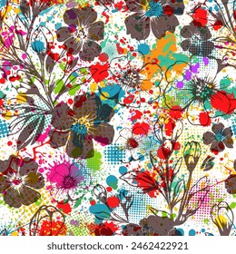 Seamless background of colored blots and flowers. hand drawing. Not AI, Vector illustration.