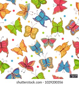 Seamless background with colored butterflies.