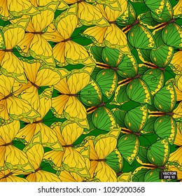 Seamless background with colored butterflies.