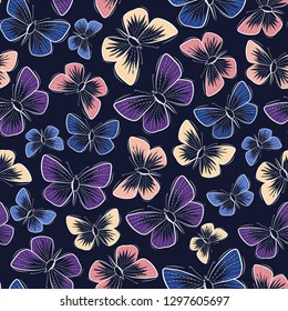 Seamless background of colored butterflies in white outline on dark background.