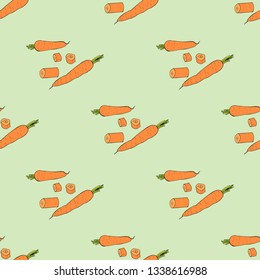 Seamless background with colored carrots and carrot slices on light green background. Endless pattern for your design. Vector.  Pack of fresh healthy vegetables. Collection of food elements. 