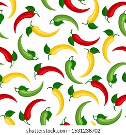 Seamless background with colored chili peppers and leaves. Vector illustration