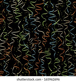 Seamless background from colored confetti,tinsel and shines on black.