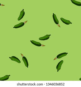 Seamless background with colored cucumbers on green background. Endless pattern for your design. Vector.   
