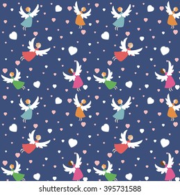 Seamless background with colored cupids and hearts on a dark blue background