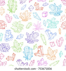 Seamless background with colored doodle crystals on white .