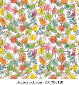Seamless background with colored doodle green, yellow and red leaves. Can be used for wallpaper, pattern fills, textile, web page background, surface textures